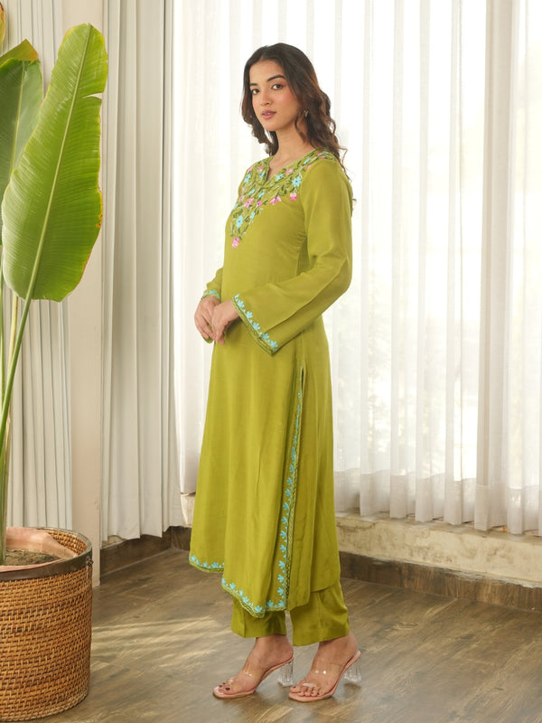 Olive Green Floral Embroidered Muslin Kurta Set with Pants