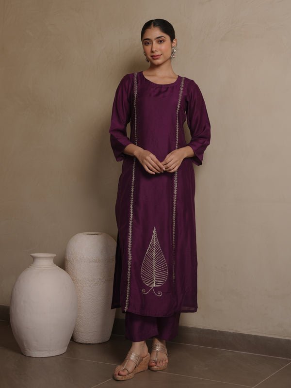 VIOLET CHANDERI AARI WORK SUIT SET
