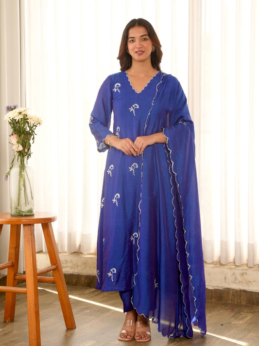 Blue Noor Aari Embroidered Chanderi Suit Set