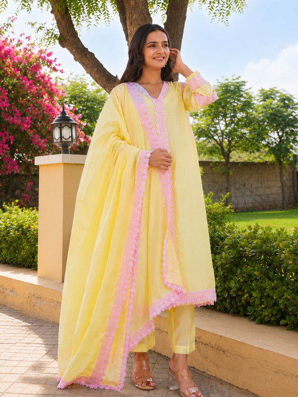 Pastel Yellow Chanderi Lace Work Kurta Set