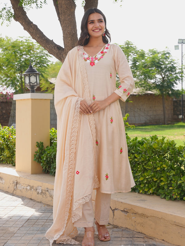 Beige Floral Hand Embroidered Chanderi Kurta Set