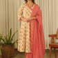 Beige Floral Angrakha Screen Print Kurta Set with Pant & Dupatta