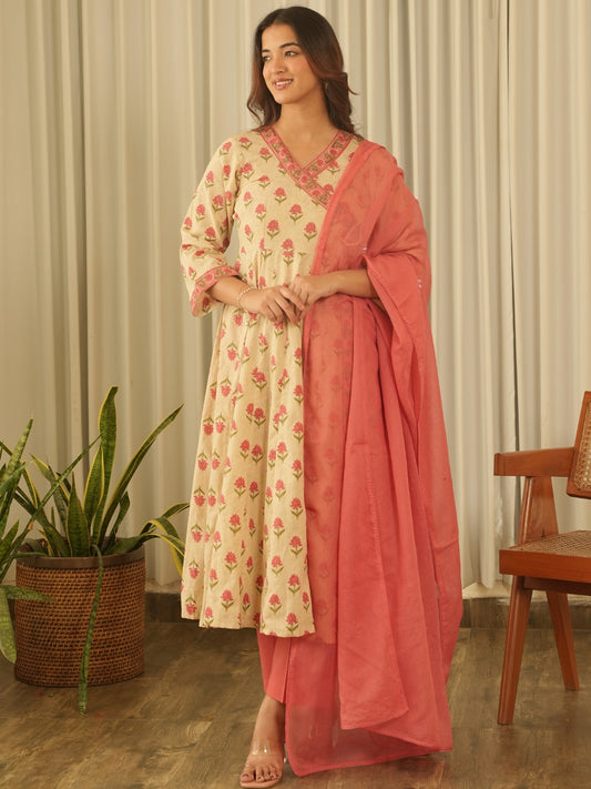 Beige Floral Angrakha Screen Print Kurta Set with Pant & Dupatta