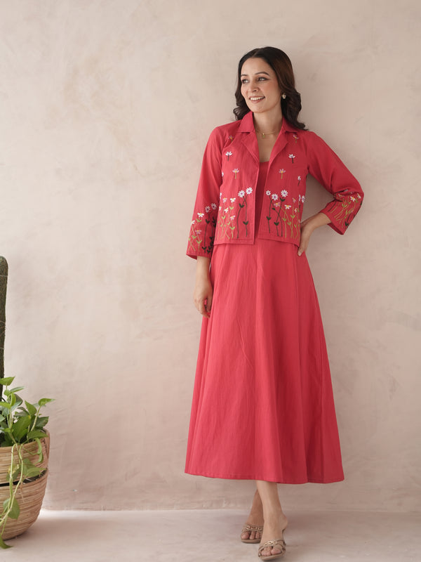 Noir red embroidery cotton cotton jacket dress