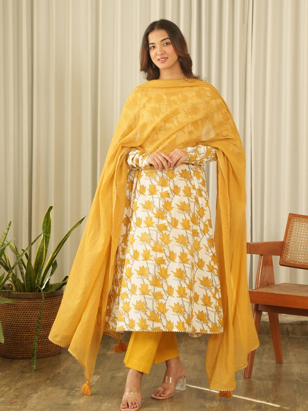 Sunlit Mustard Cotton Print Suit Set