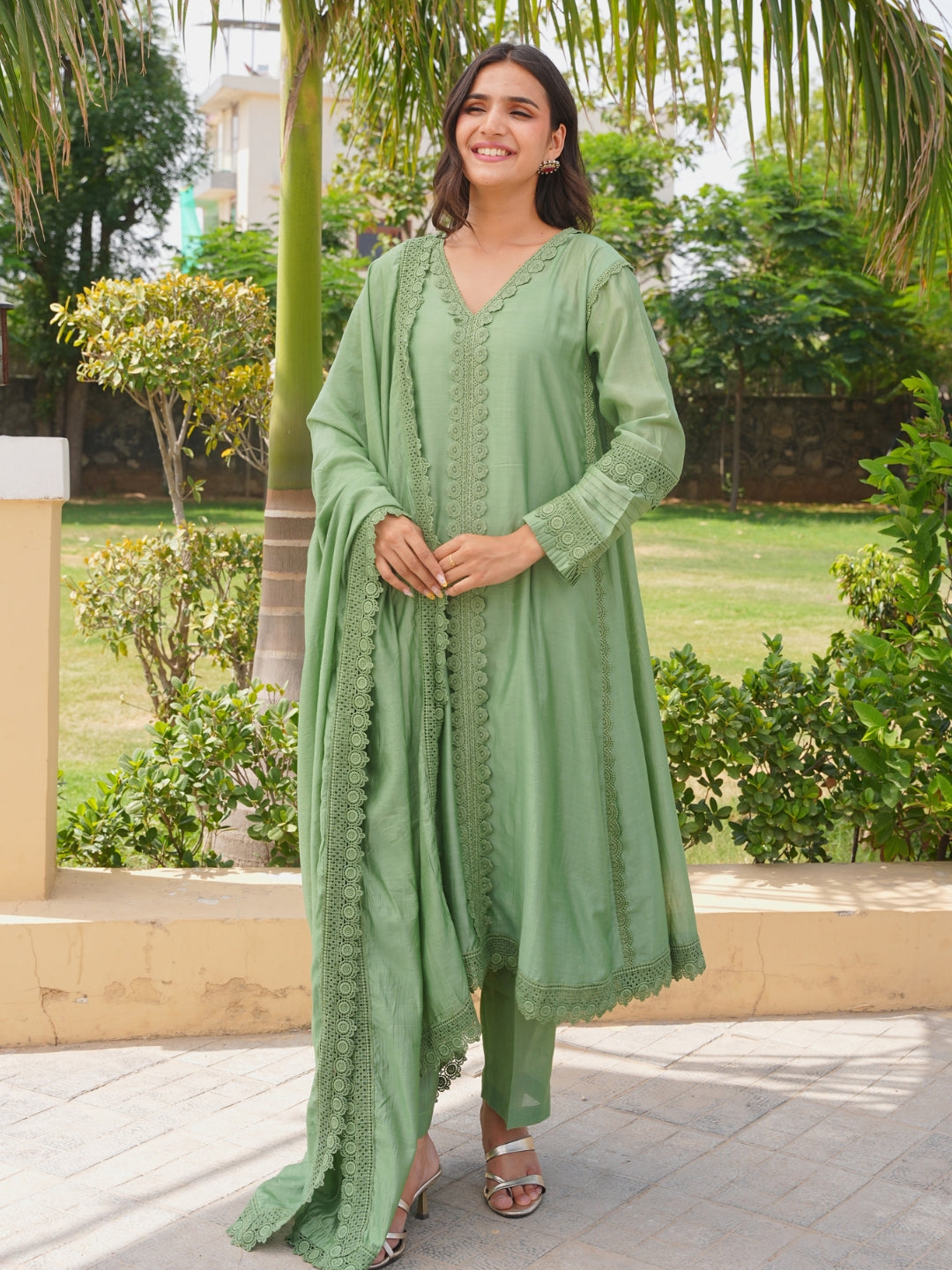 Pista Chanderi Lace Work Kurta Set