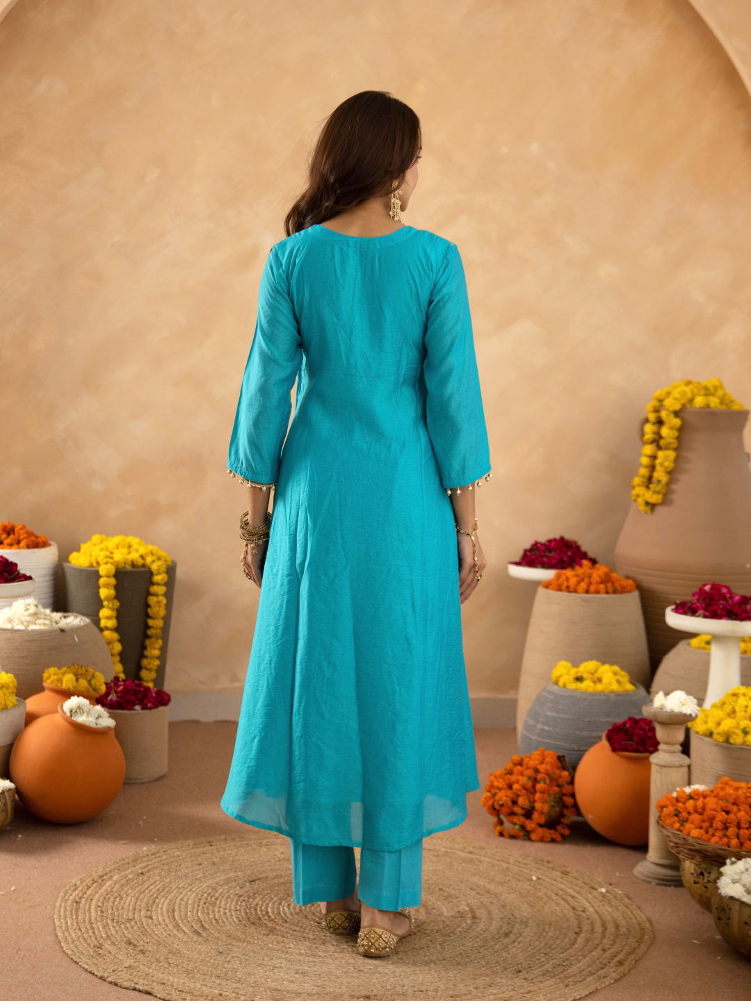 Cyan Blue Chanderi Aari & Handwork Gathered Kurta Set
