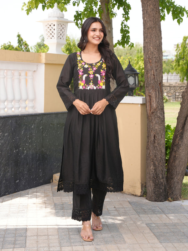 Floral Wine Black Hand Embroidery Chanderi Kurta Set
