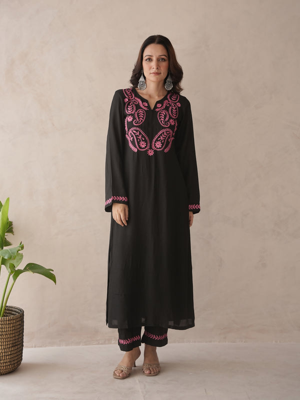 Indiflora black embroidery maslin kurta set