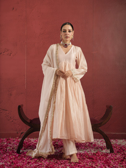 CHAAND DUST PEACH CHANDERI AARIWORK SUIT SET