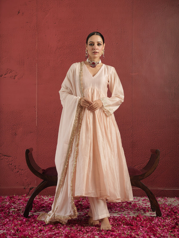CHAAND DUST PEACH CHANDERI AARIWORK SUIT SET