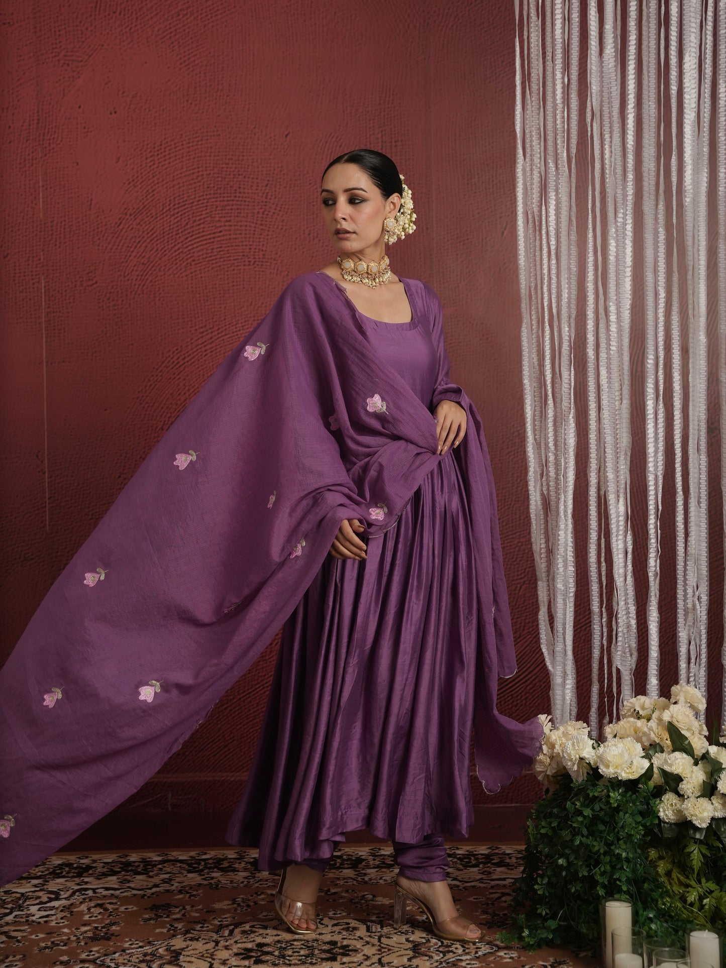 CHAAND PURPLE CHANDERI AARIWORK FLORAL SUIT SET
