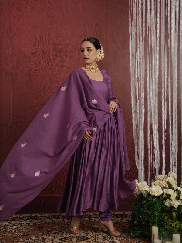 CHAAND PURPLE CHANDERI AARIWORK FLORAL SUIT SET