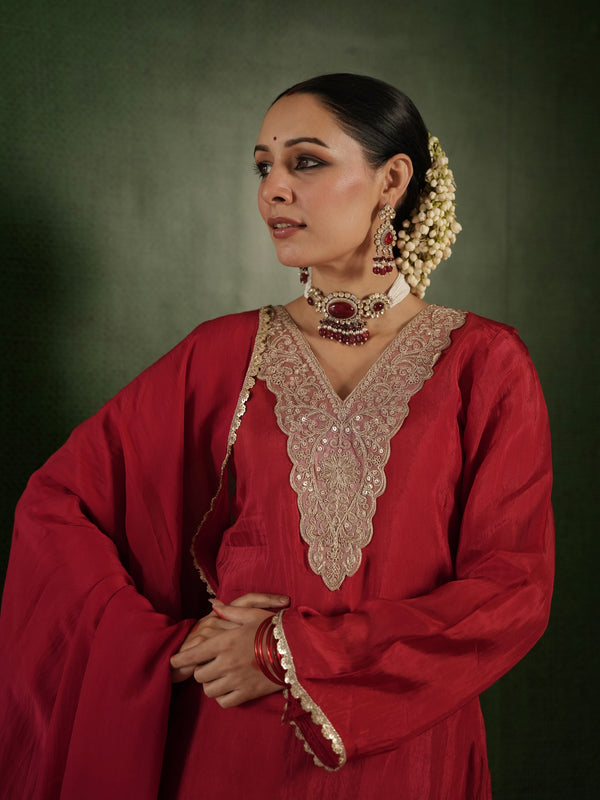 CHAAND DARK RED SILK ZARIWORK SUIT SET