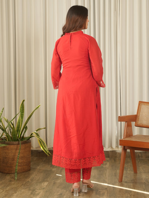 Crimson Red Aari Embroidered Chanderi Suit Set