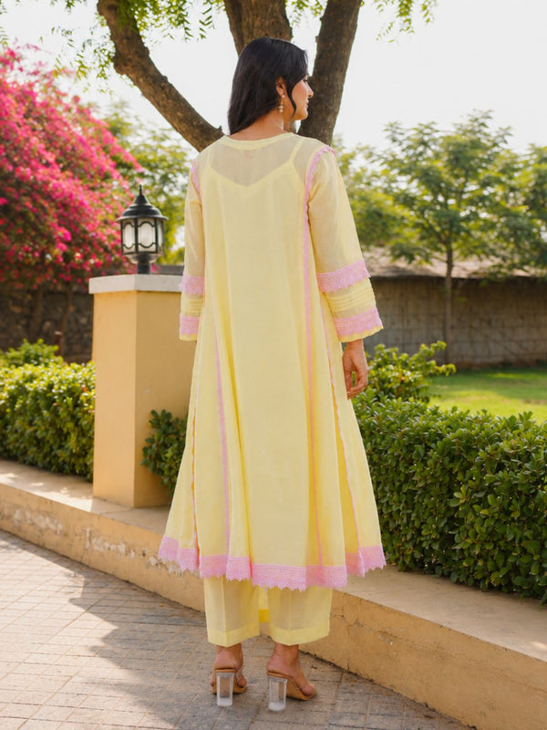 Pastel Yellow Chanderi Lace Work Kurta Set