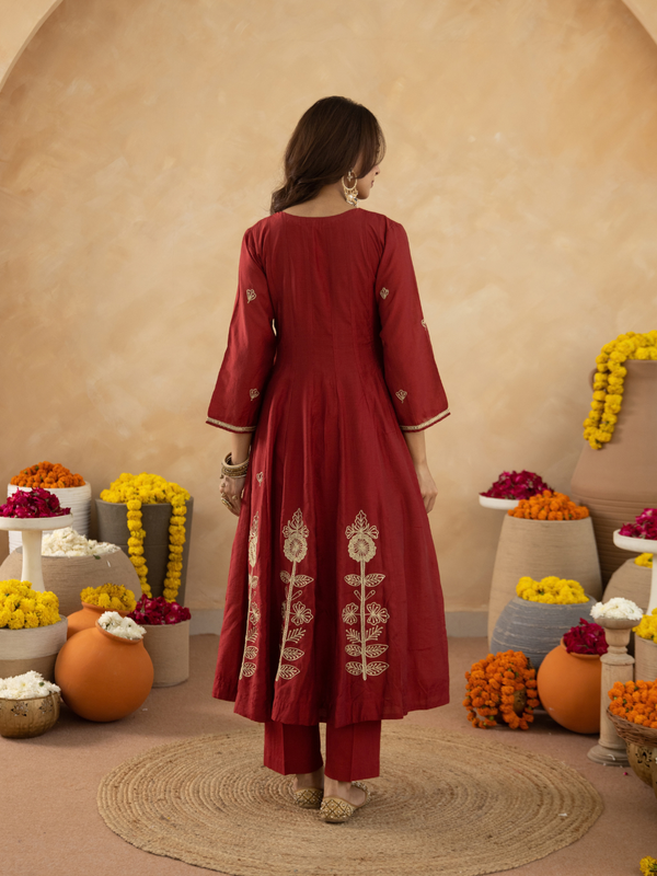 Maroon Floral Aari Embroidered Anarkali Set