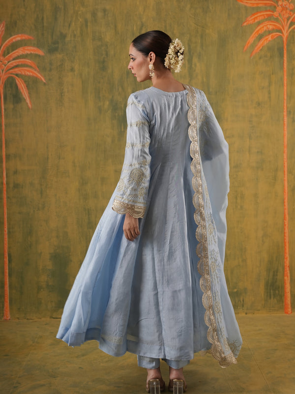 Firoza Ice Blue Silk Aari Anarkali Set