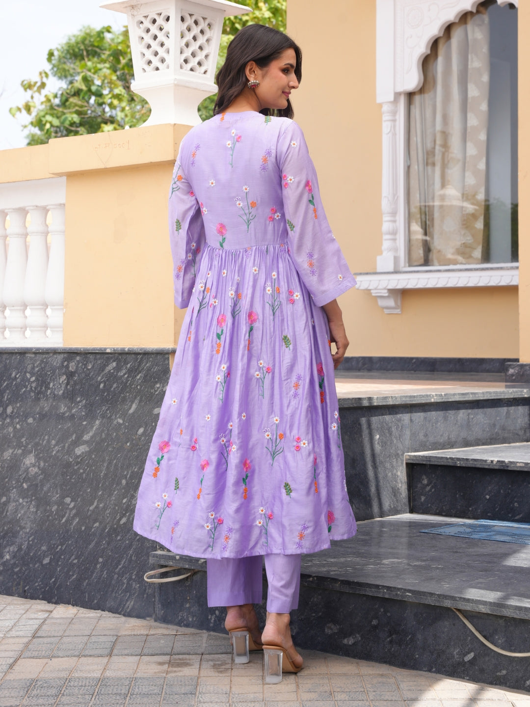 Lavender Daisy Chanderi Angrakha Kurta Set