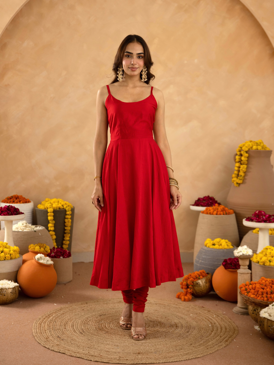 Red Chanderi Anarkali with Aari Work & Sequin Embellished  Dupatta