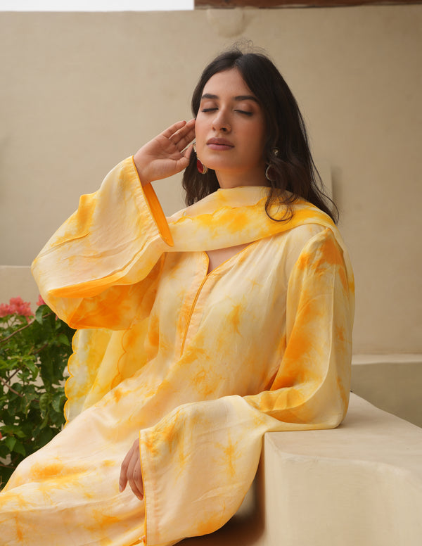 Yellow Silk Shibori Mirror  Work Staright Suit Set