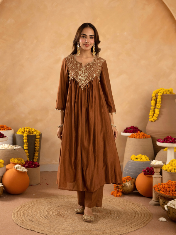 Brown Chanderi Aari & Handwork Gathered Kurta Set