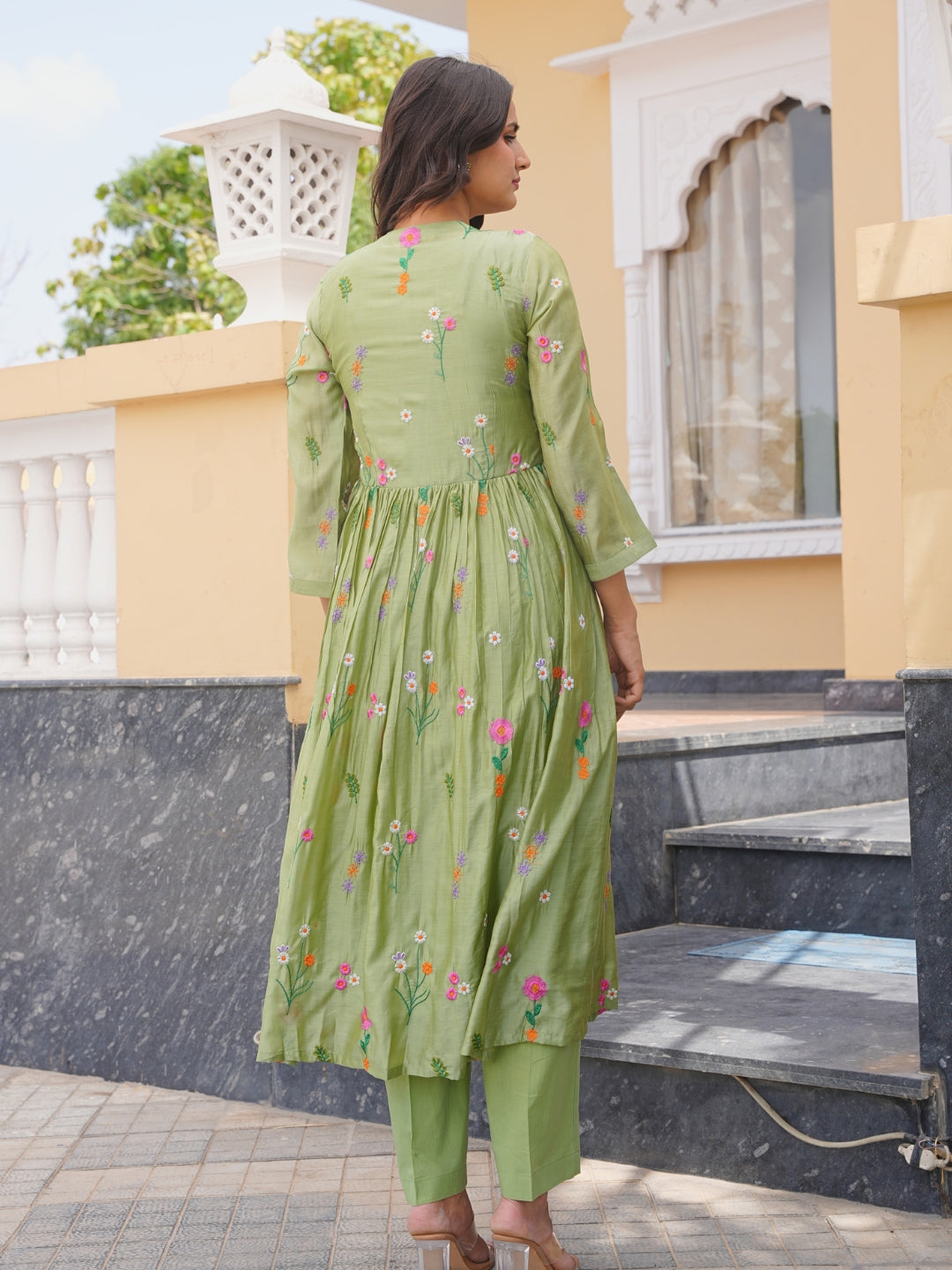 Pista Flora Chanderi Angrakha Kurta Set