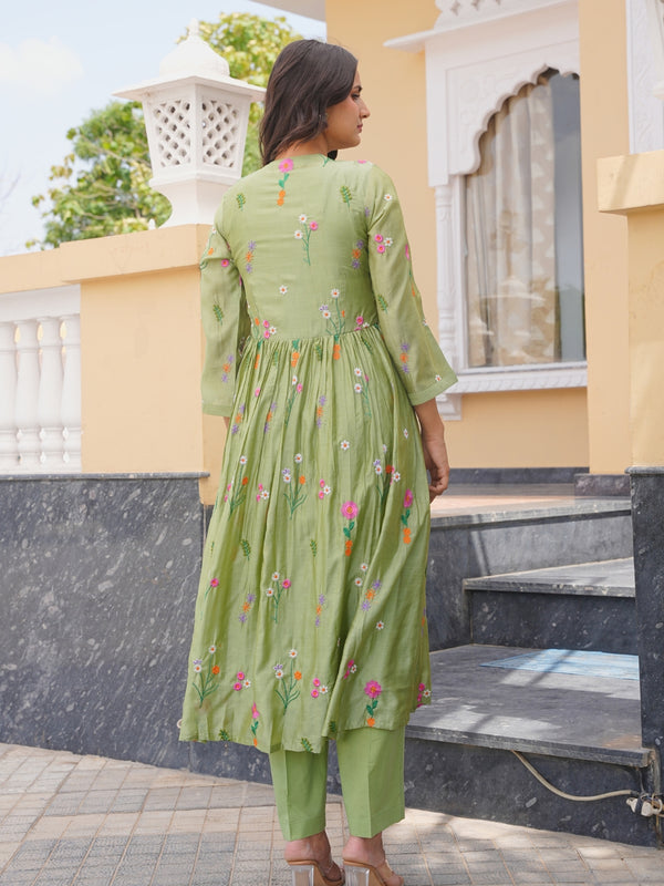 Pista Flora Chanderi Angrakha Kurta Set