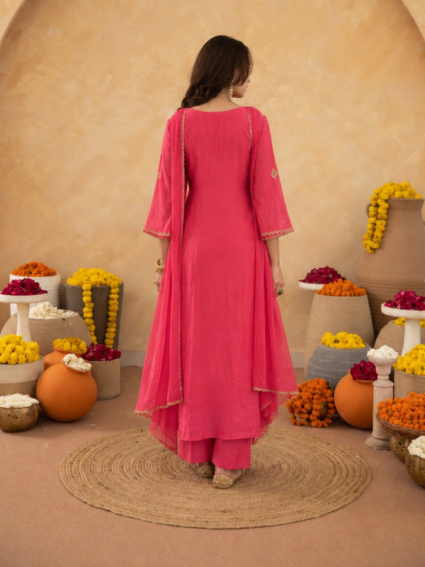 Salmon Pink Aari Handwork Chanderi A-Line Kurta set
