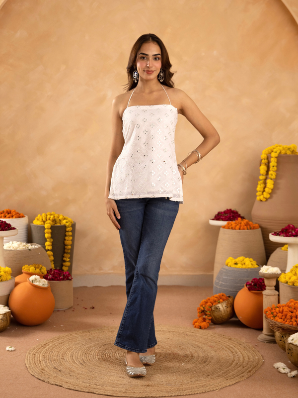 White Mirrorwork Chikan Short Kurti