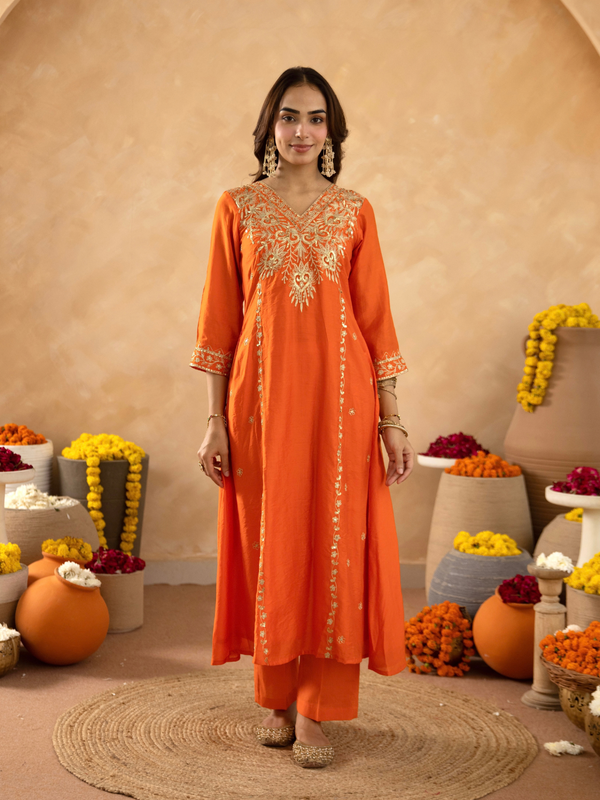 Rust Brown Chanderi A- Line Suit with Aari and Sequnce Work  Detailing