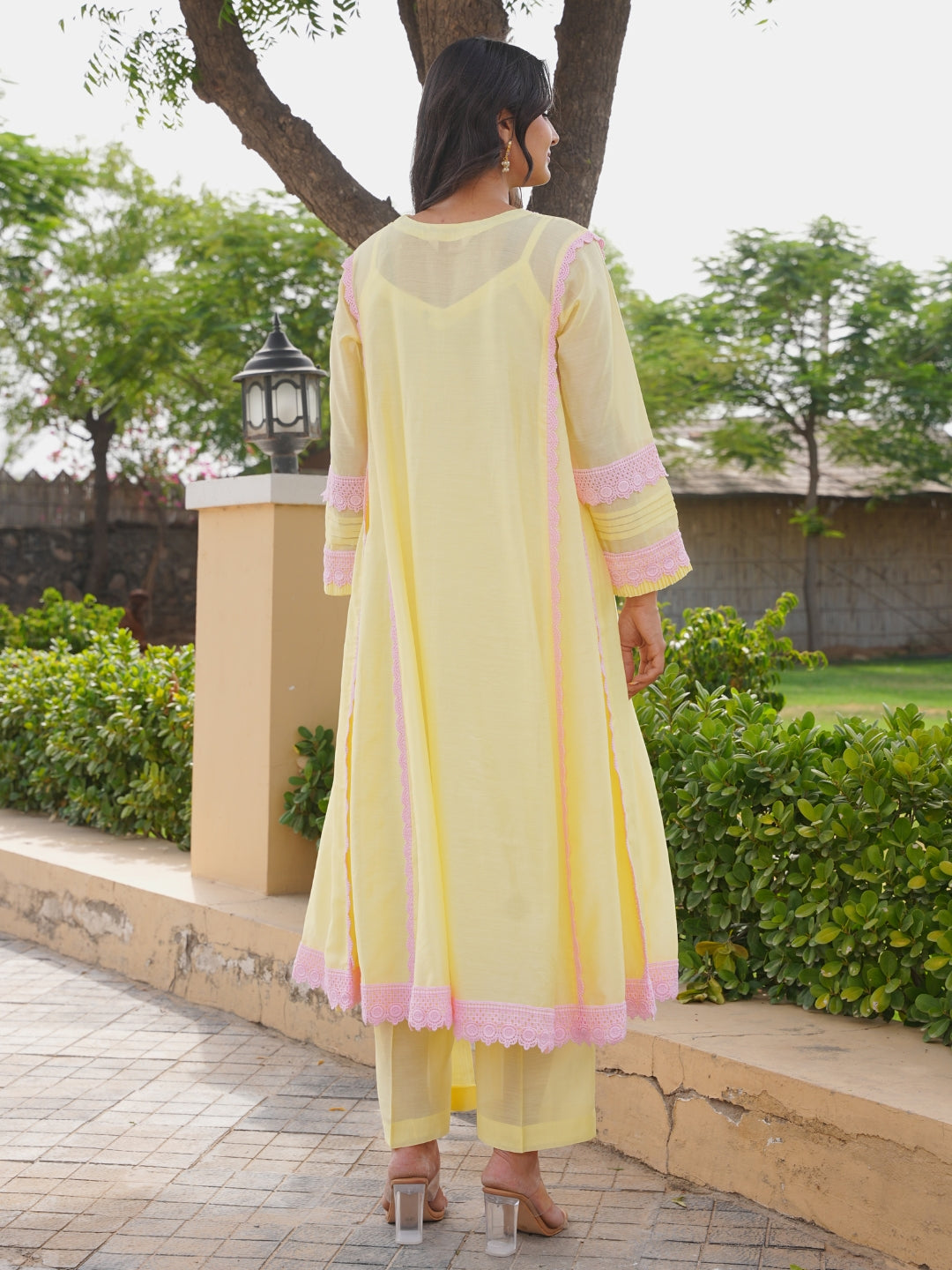 Pastel Yellow Chanderi Lace Work Kurta Set