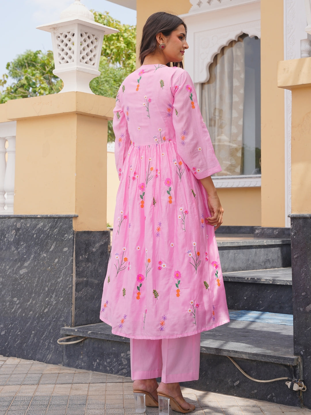Pink Daisy Chanderi Angrakha Kurta Set
