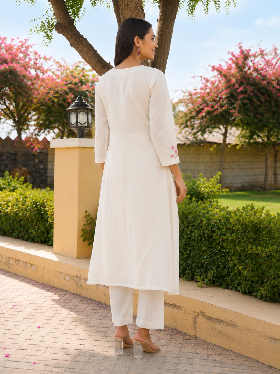 Off White Petal Handwork Chanderi A-Line Kurta Set