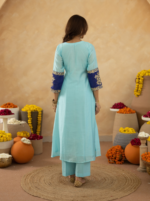Sky Blue Chanderi A-Line Kurta Set with Handwork Detailing &  Organza Dupatta