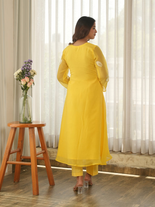Lemon Yellow Hand Paint Soft Organza Suit Set