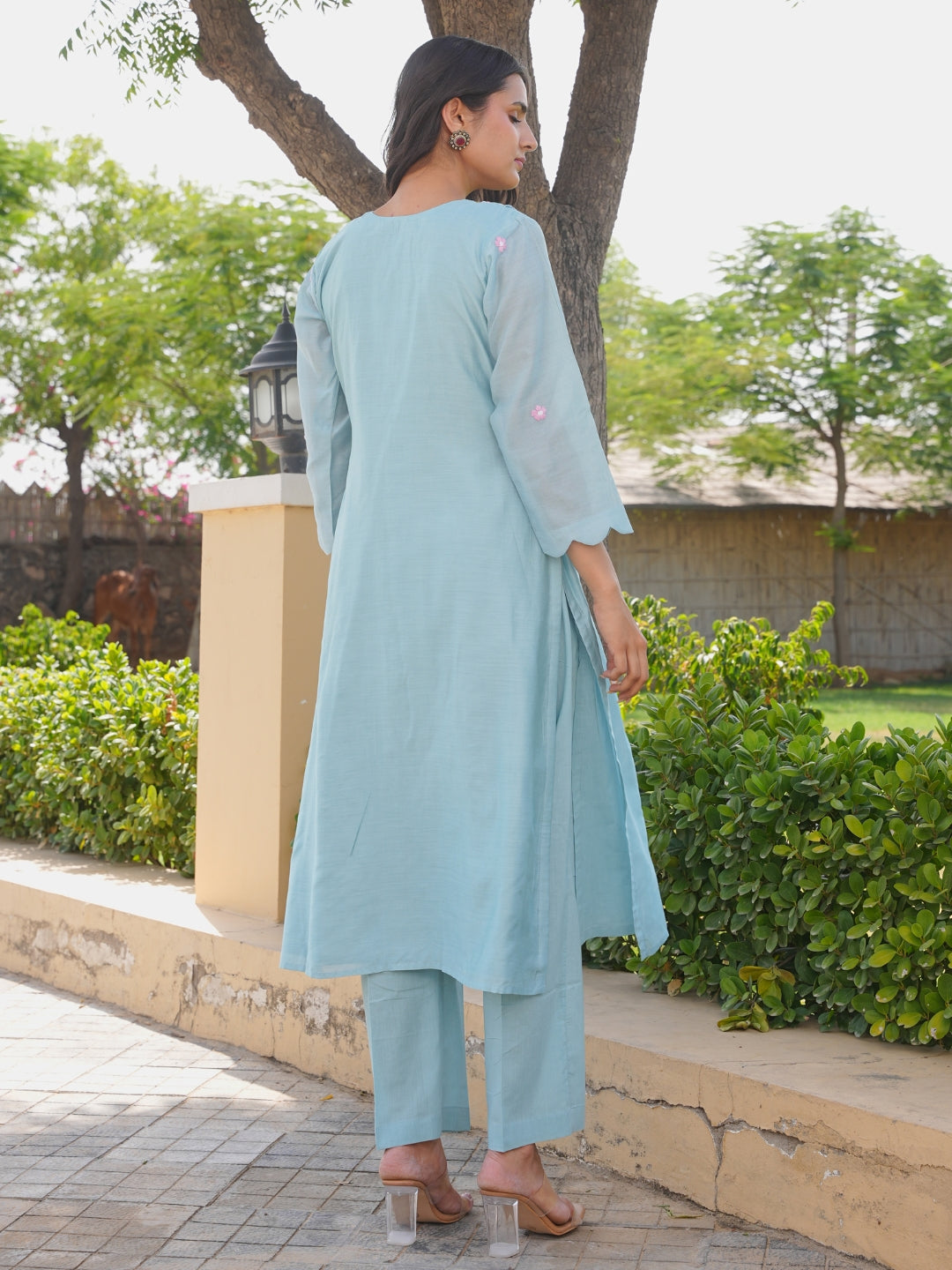 Powder Blue Floral Handwork Chanderi Kurta Set