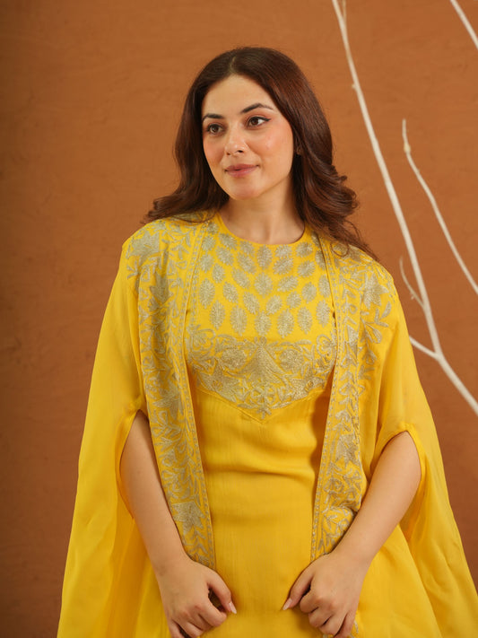 Parizet Yellow Zariwork Sharara Jacket Set