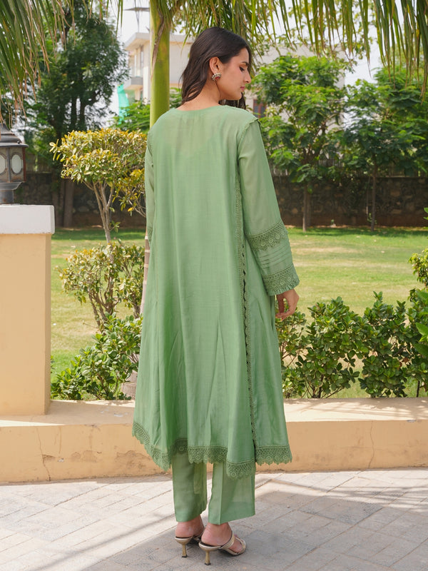 Pista Chanderi Lace Work Kurta Set