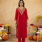 Red Handcrafted Chanderi Mirrorwork Straight Kurta Set