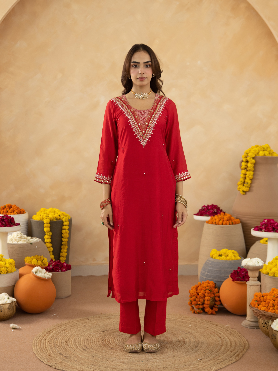 Red Handcrafted Chanderi Mirrorwork Straight Kurta Set