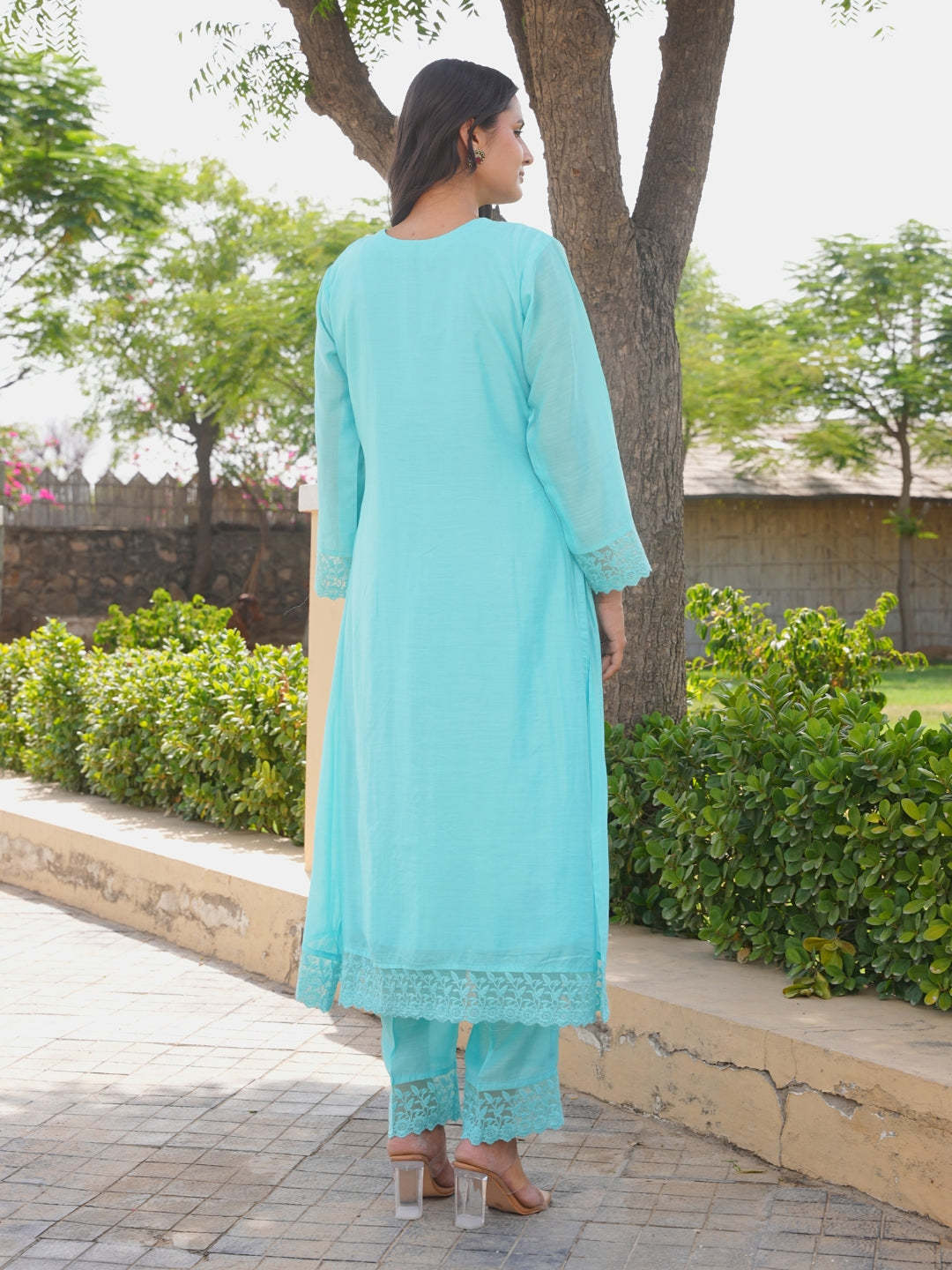Aqua Blue Floral Handwork Chanderi Kurta Set