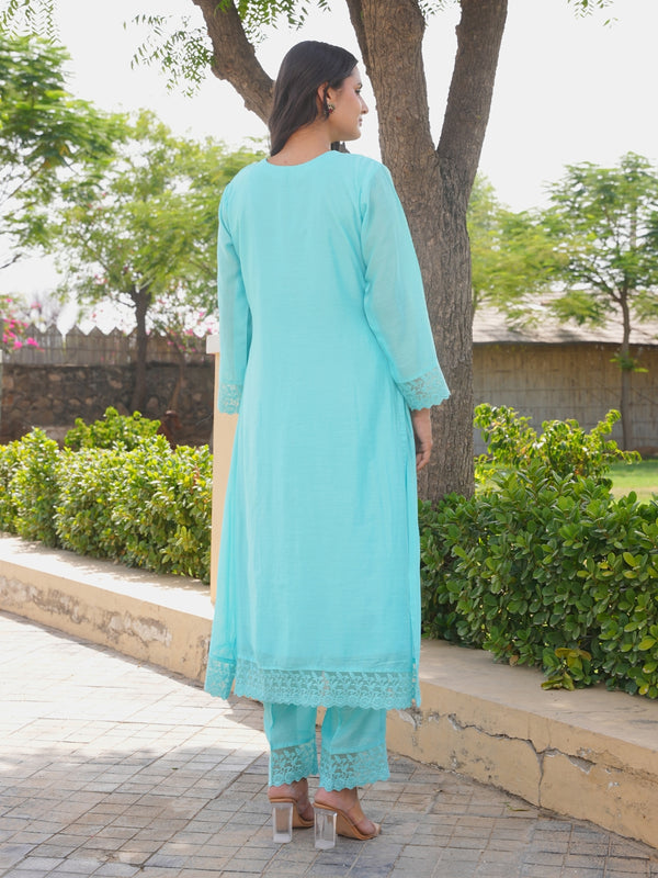 Aqua Blue Floral Handwork Chanderi Kurta Set