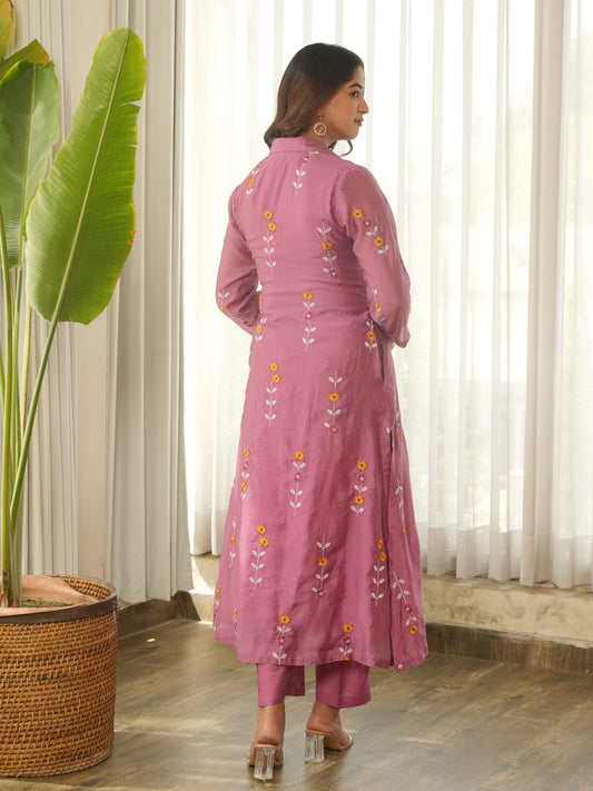 Mauve Pink Embroidered Chanderi Kurta Set with Pants & Dupatta
