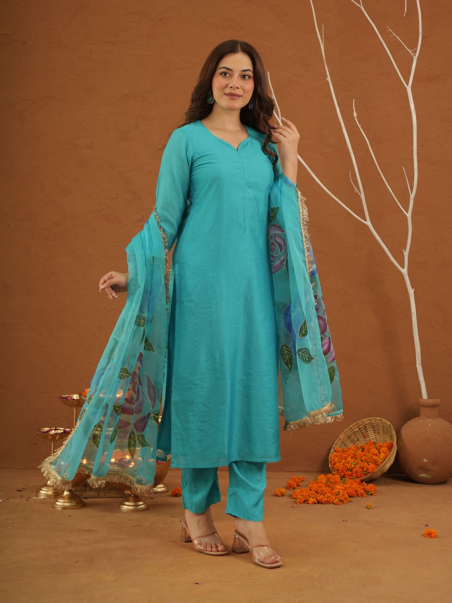 Mayaaz Sky Chanderi With Handpaint Dupatta