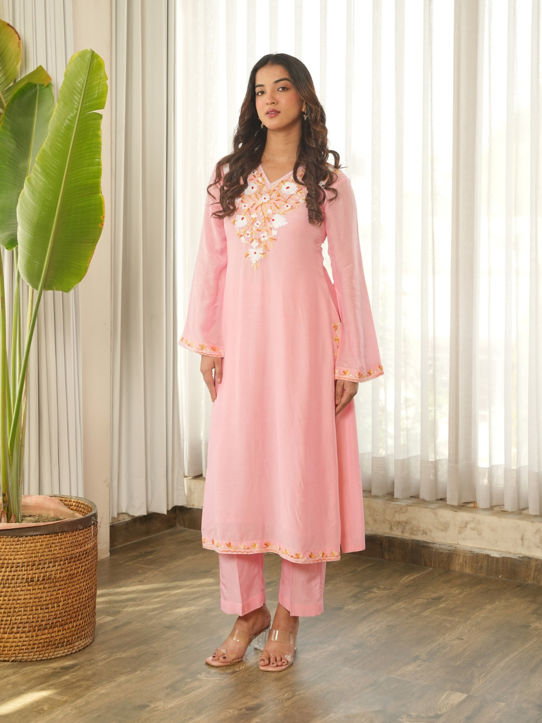 Blush Pink Floral Embroidered Muslin Kurta Set with Pants