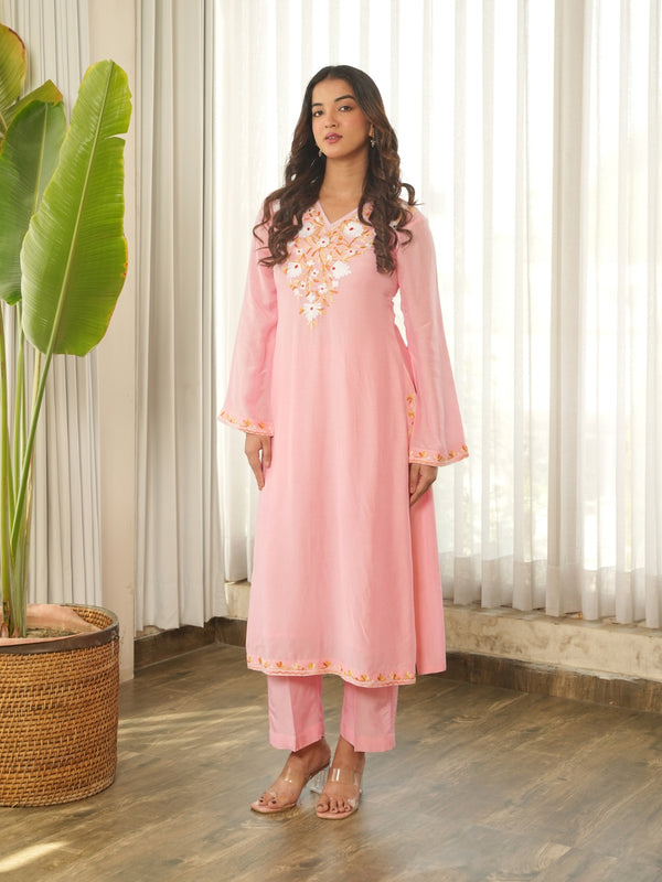 Blush Pink Floral Embroidered Muslin Kurta Set with Pants