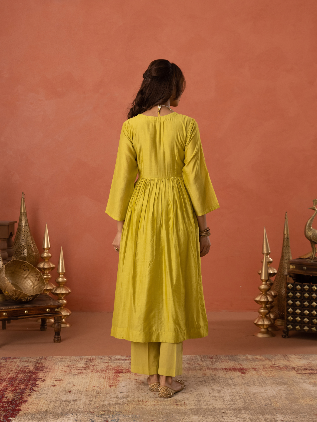 Mustard Yellow Chanderi Zari Embroidered Gathered  Kurta Set