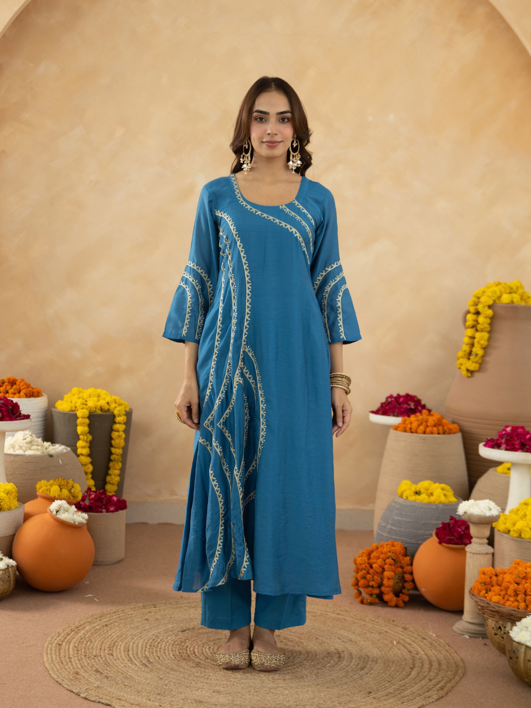 Blue Chanderi Aari Embroidered A- Line Kurta Set