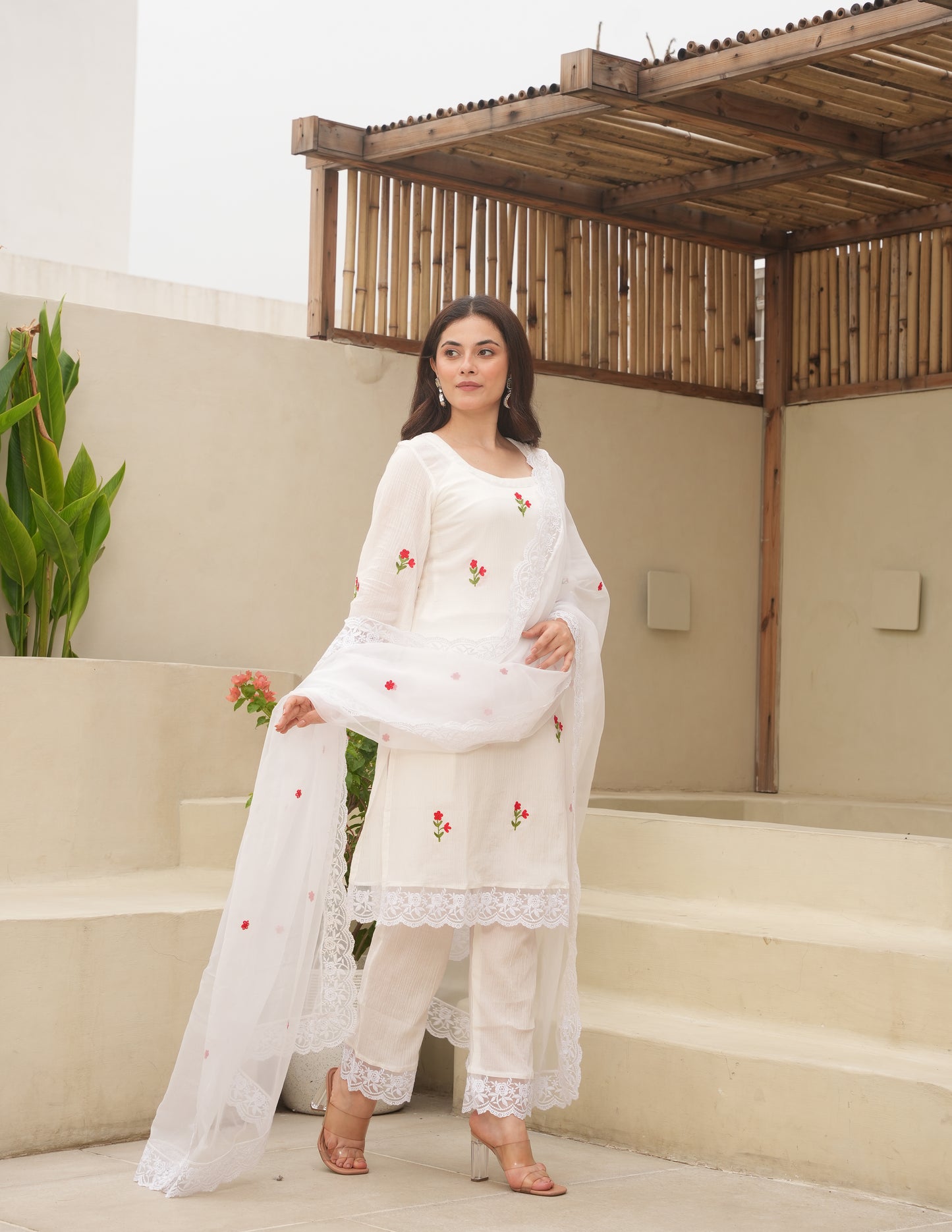 Shy White Embroidered Crushed Cotton Suit Set